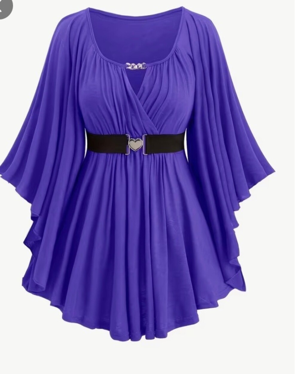 Purple Women's Dress with Black Belt Heart Buckle and Batwing Sleeves